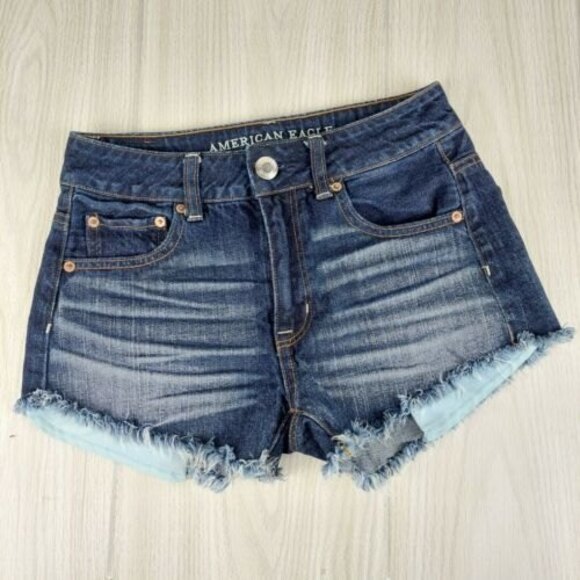American Eagle Hi Rise Festival Blue Jean Shorts Womens Size 00 Distressed‎ Fray - Picture 2 of 8